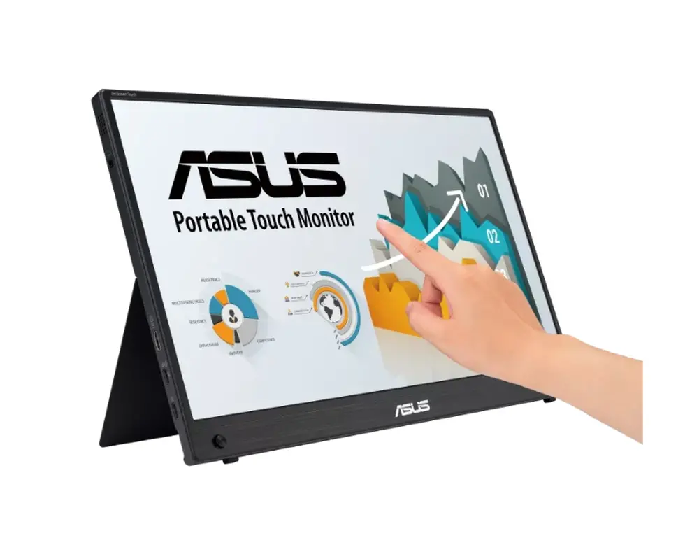 Монитор, Asus ZenScreen Touch MB16AMTR portable monitor, 16 '' FHD (1920 x 1080), IPS, 10-point touch, 250 cd/m2,Built-in Battery, Hybrid Signal Solution, Mini-HDMI, ergo kickstand, tripod socket, ASUS Flicker Free and Low Blue Light technologies, 2 x1w, Black