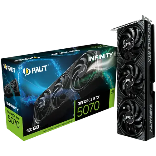 PALIT GeForce RTX 5070 Infinity 3 12GB GDDR7 192 bit, 1x HDMI 2.1b, 3x DP 2.1b, 3 Fan, 1x 16-pin pwr connector, 650W, board size 291.9 x 116.6 x 41.3 mm, NE75070019K9-GB2050S