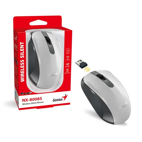 Genius безжина безшумна мишка Wireless Silent Mouse - NX-8008S White+Gray - Silent, 2.4GHz - image 3