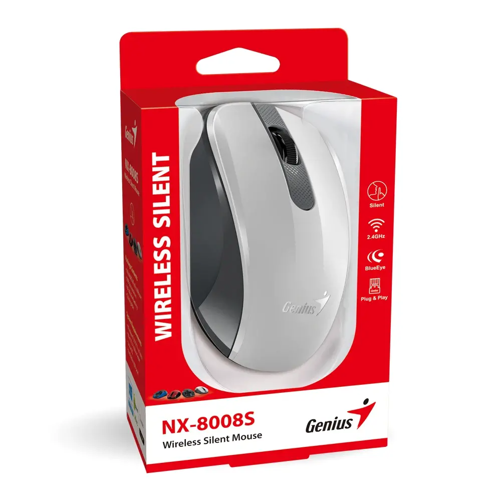 Genius безжина безшумна мишка Wireless Silent Mouse - NX-8008S White+Gray - Silent, 2.4GHz - image 4