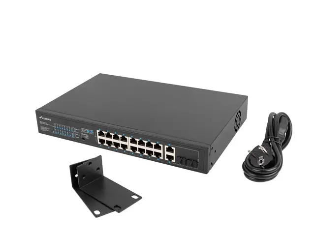 Комутатор, Lanberg switch 16x 100mb poe+/2x 1GB/1x sfp unmanaged rack 10" & 19" gigabit ethernet 150w