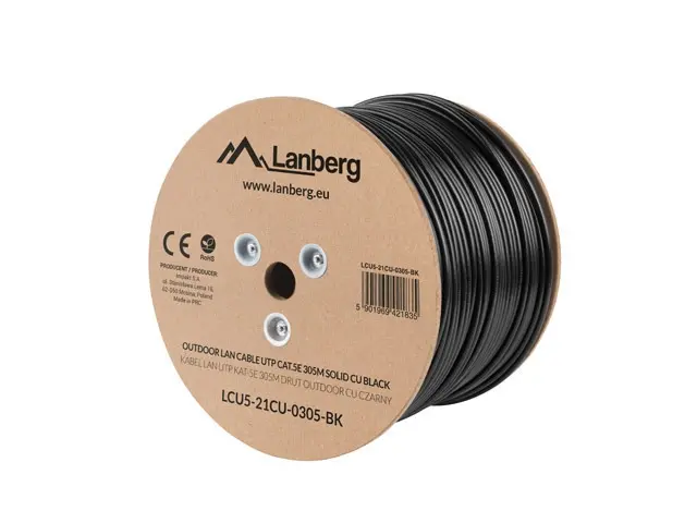 Кабел, Lanberg LAN cable UTP Cat.5e 305m Outdoor Solid CU Fluke Passed, black - image 1