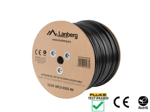 Cablu, Lanberg cablu LAN CAT.5e UTP 305m monofilar de exterior umplut cu gel CU negru testat Fluke