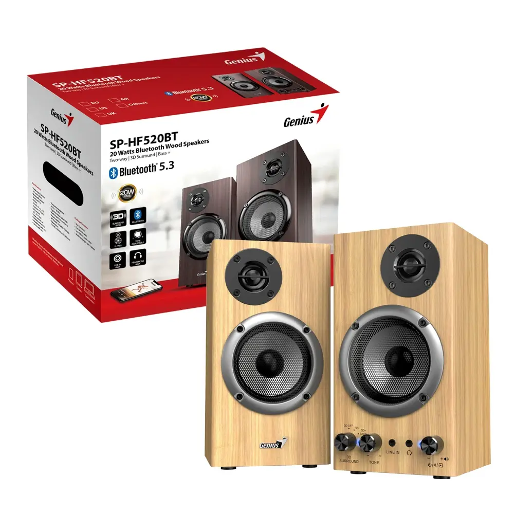 Genius тонколони Speakers 2.0 - SP-HF520BT - 20W RMS, Bluetooth, 3D Surround, Pine Wood - image 2