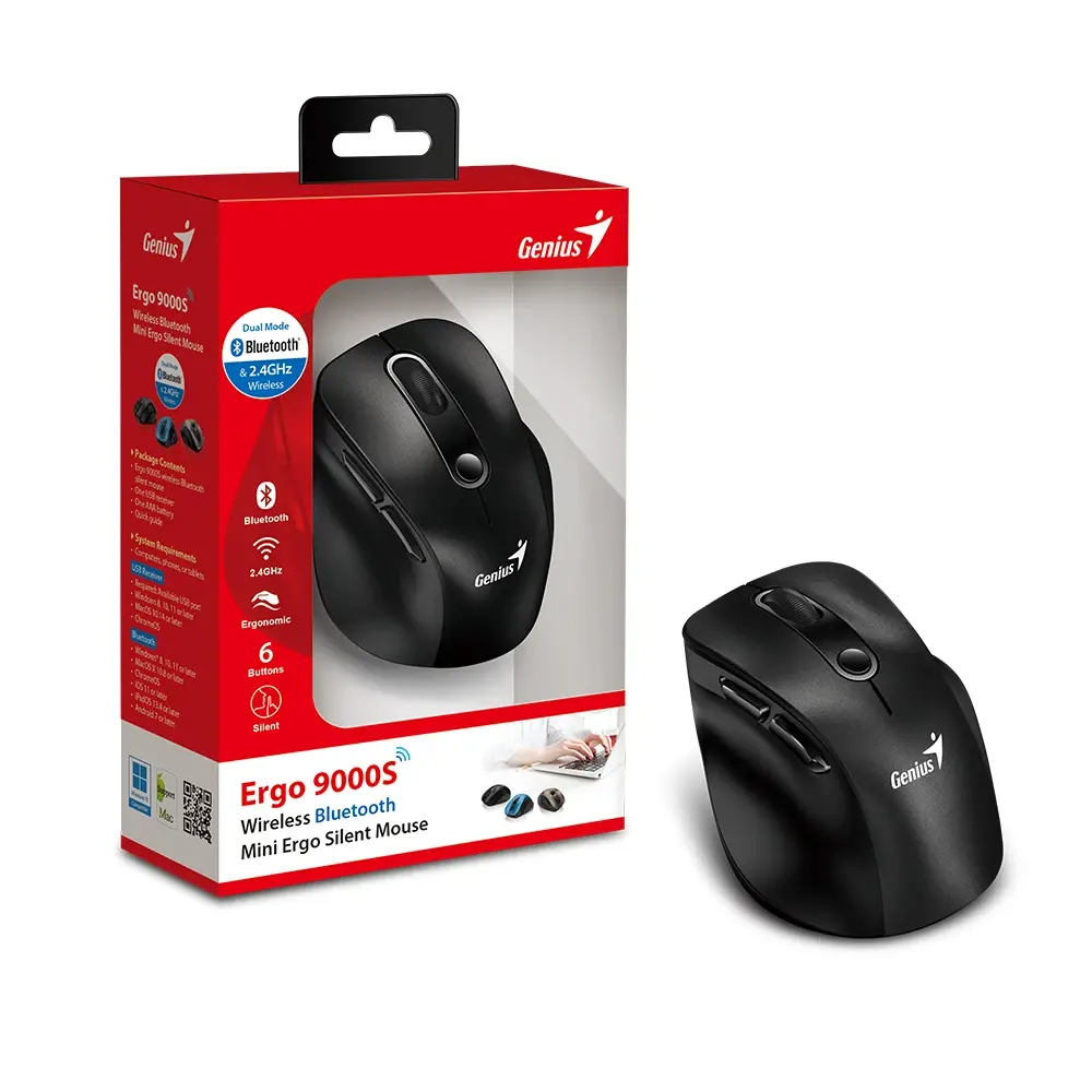 Genius безжина безшумна мишка Wireless Silent Mouse Ergo 9000S - Silent, Bluetooth, 2.4G, Black - image 8