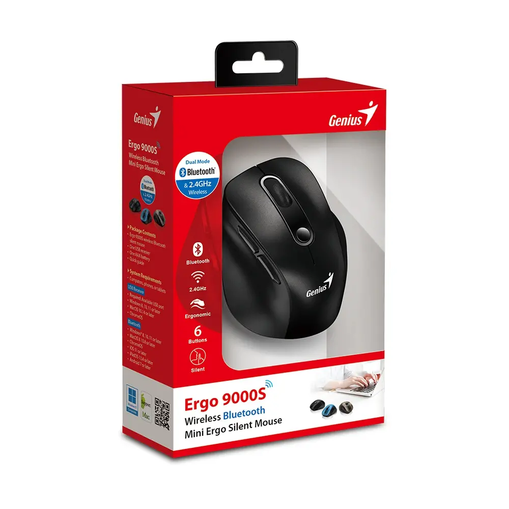 Genius безжина безшумна мишка Wireless Silent Mouse Ergo 9000S - Silent, Bluetooth, 2.4G, Black - image 9