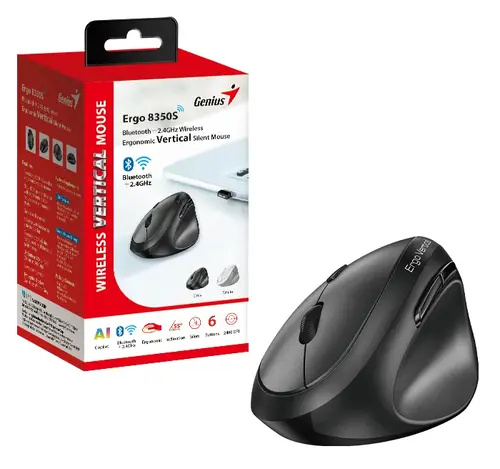 Genius вертикална безжична мишка Vertical Mouse wireless Ergo 8350S - Silent, AI, Bluetooth, 2.4G, Dark Grey - image 7