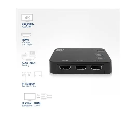 HDMI суич ACT AC7841, 5/1, 3D, 4K@60Hz, Черен - image 1