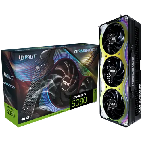 PALIT GeForce RTX 5080 GameRock 16GB GDDR7 256 bit, 1x HDMI 2.1b, 3x DP 2.1b, 3 Fan, 1x 16-pin pwr connector, 850W, 331.9 x 150 x 70.4 mm, NE75080019T2-GB2030G