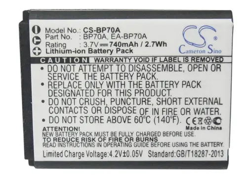 Μπαταρία για φωτογραφική μηχανή Samsung BP70A, Li-Ion 3.7V, 740mAh, Cameron Sino - 3
