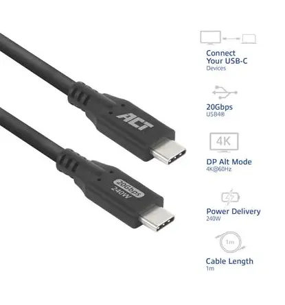 ACT Кабел USB-C - USB-C, 1 м / USB4, 20Gbps, 240W - image 1