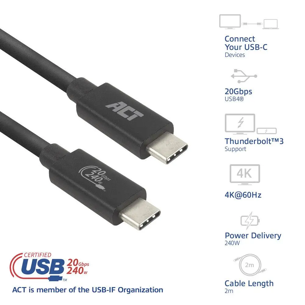 ACT Кабел USB-C - USB-C, 2 м / USB4, 20Gbps, 240W, сертифициран USB-IF - image 1