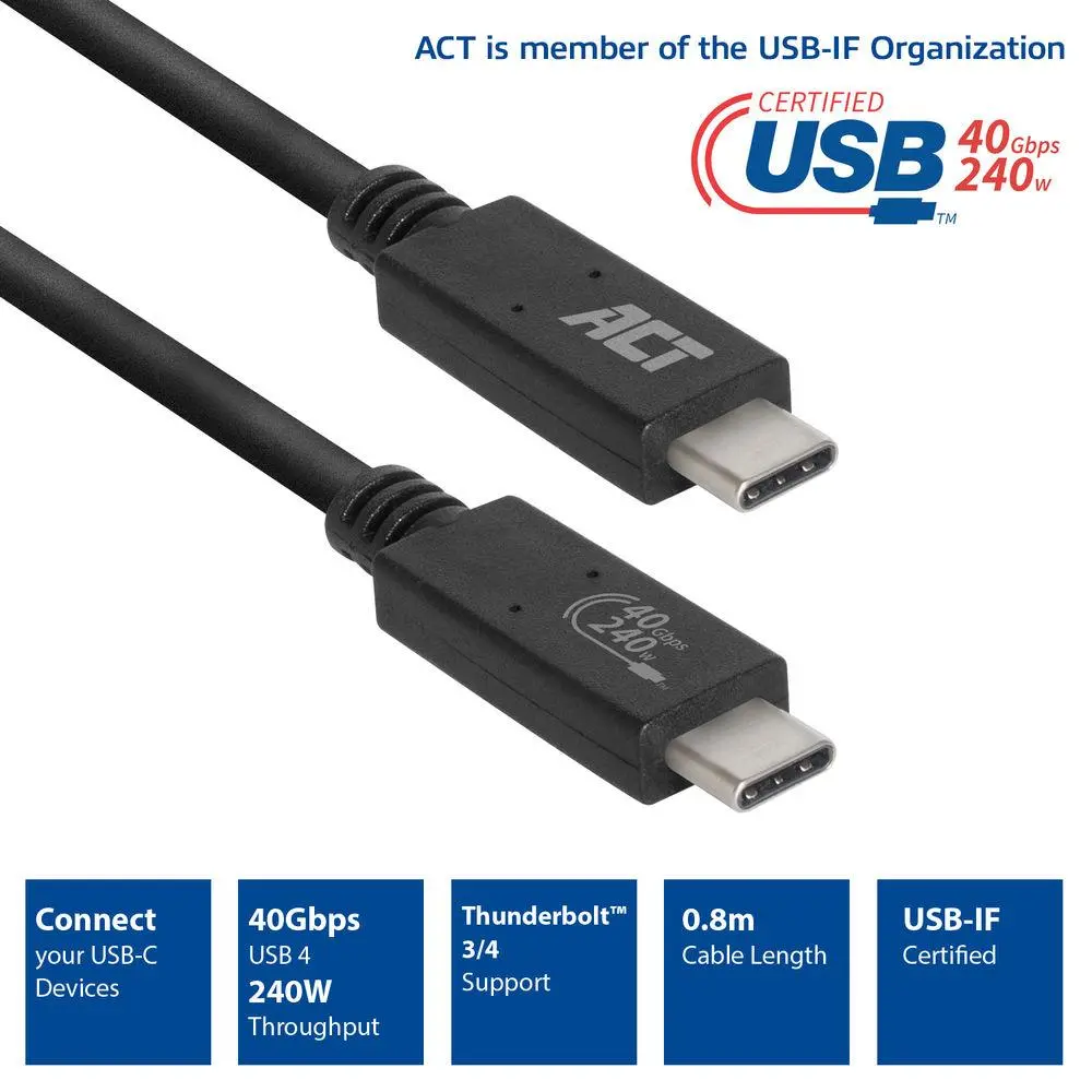 Кабел ACT USB-C - USB-C, 0.8 м / USB4, 40Gbps, 240W, сертифициран USB-IF - image 1