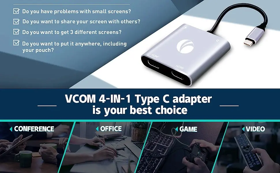 VCom docking station Docking Station USB-C 4-in-1 - CU450S - HDMI x 2, USB2.0, USB-C PD3.0 100W, MST - image 2