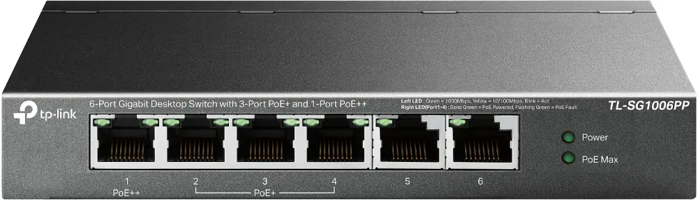 Комутатор TP-LINK TL-SG1006PP, 6-порта Gigabit , 3 x PoE+ и 1 x PoE++, метален