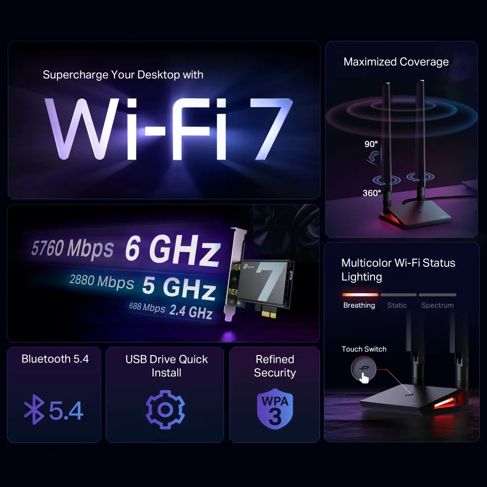 Безжичен адаптер TP-LINK Archer TBE550E, BE9300, Wi-Fi 7,Bluetooth 5.4, PCI Exp. - image 3