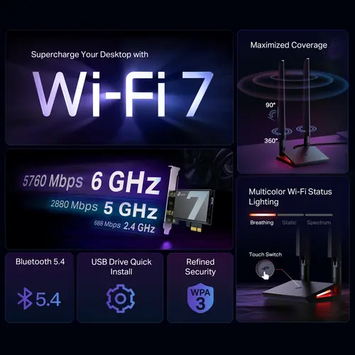 Безжичен адаптер TP-LINK Archer TBE550E, BE9300, Wi-Fi 7,Bluetooth 5.4, PCI Exp. - image 3