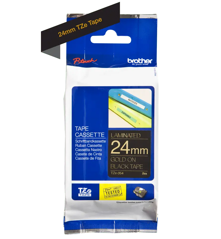 ЛЕНТА ЗА ЕТИКЕТНИ ПРИНТЕРИ BROTHER ТИП TZ - 24 mm x 8 m - GOLD ON BLACK TAPE - PN TZE354 (TZE-354)