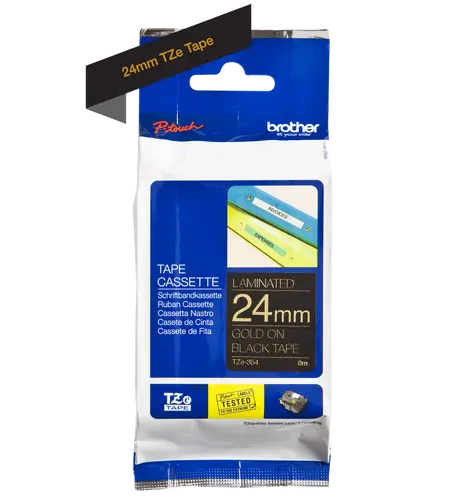 ЛЕНТА ЗА ЕТИКЕТНИ ПРИНТЕРИ BROTHER ТИП TZ - 24 mm x  8 m - GOLD ON BLACK TAPE - PN TZE354 (TZE-354)