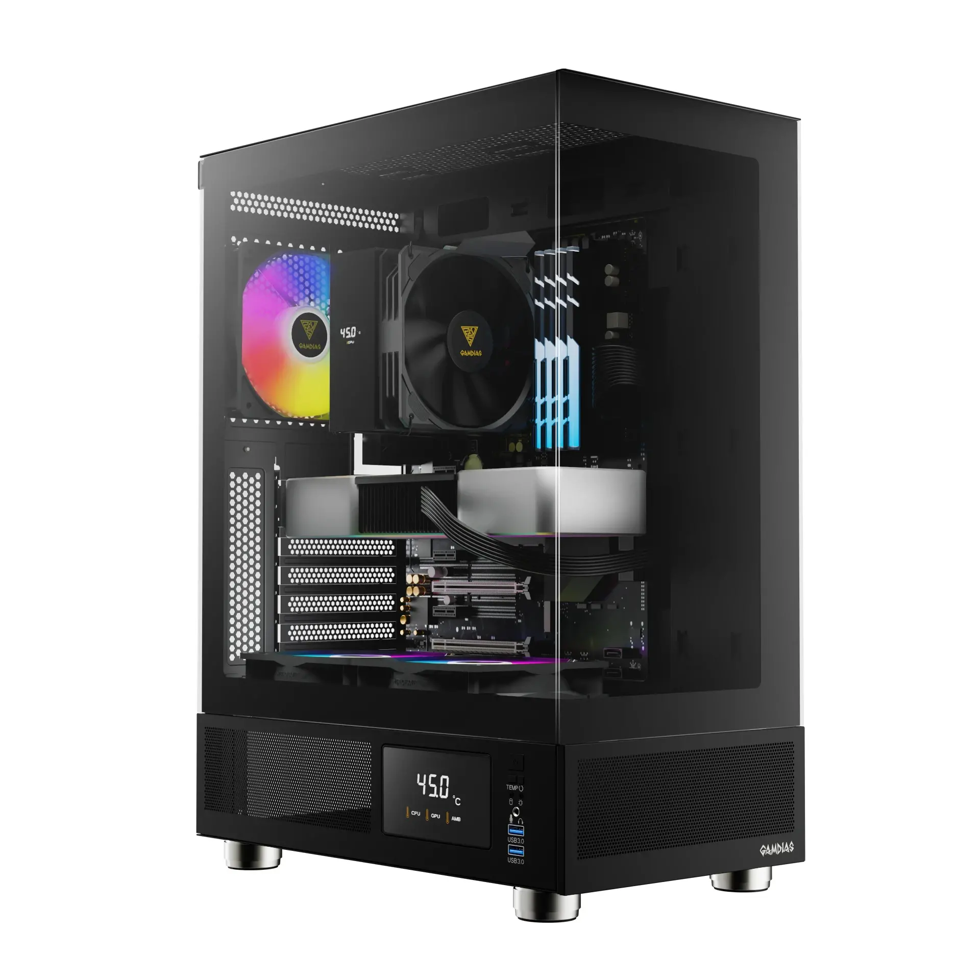 Gamdias carcasă ATX - ATLAS E1 - 3 x 120 mm A-RGB, Display digital, Sticlă securizată