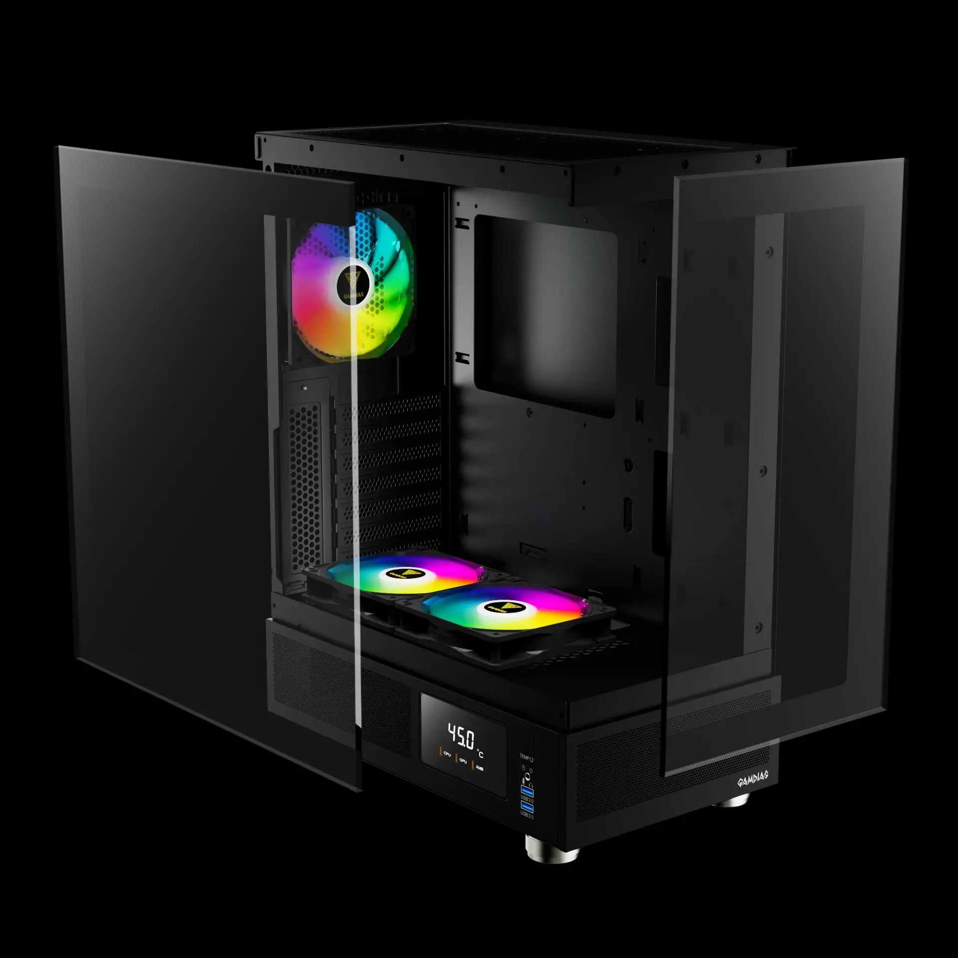 Gamdias кутия Case ATX - ATLAS E1 - 3 x 120 mm A-RGB, Digital Display, Tempered Glass - image 3