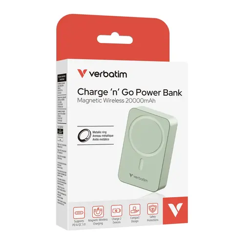 Външна батерия, Verbatim Charge 'n' Go Essentials Power Bank Magnetic Wireless 20000mAh Green - image 3