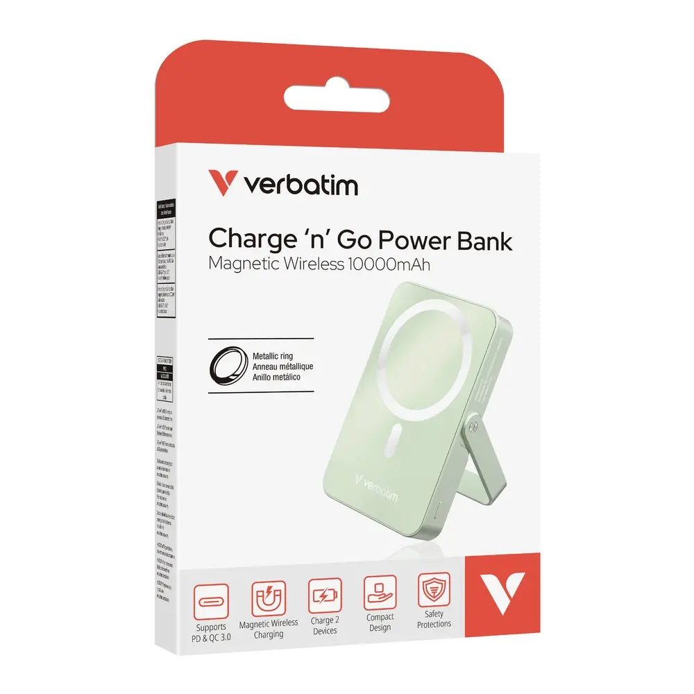 Външна батерия, Verbatim Charge 'n' Go Power Bank with Stand Magnetic Wireless 10000mAh Green - image 6