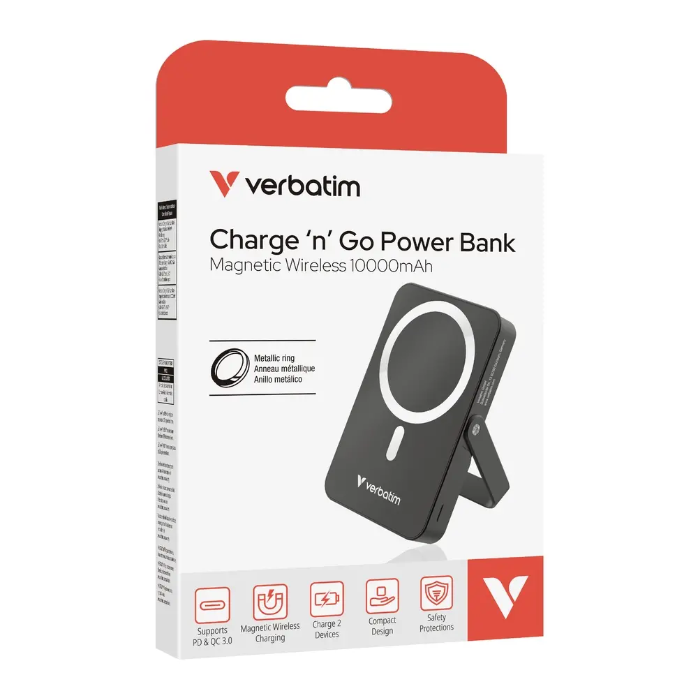 Външна батерия, Verbatim Charge 'n' Go Power Bank with Stand Magnetic Wireless 10000mAh Black - image 6