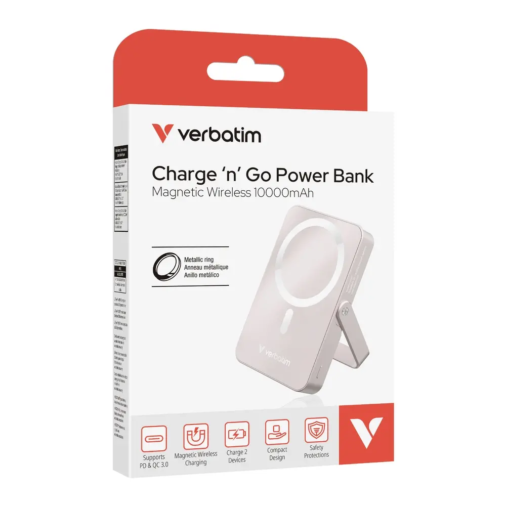 Външна батерия, Verbatim Charge 'n' Go Power Bank with Stand Magnetic Wireless 10000mAh Pink - image 6