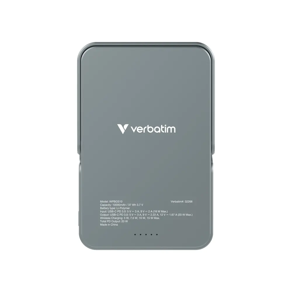 Външна батерия, Verbatim Charge 'n' Go Power Bank with Stand Magnetic Wireless 10000mAh Grey - image 2