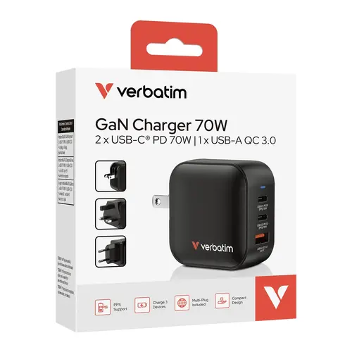 Зарядно устройство, Verbatim Mini GaN Charger 70W 3 Port US plug with EU and UK adaptors - image 9