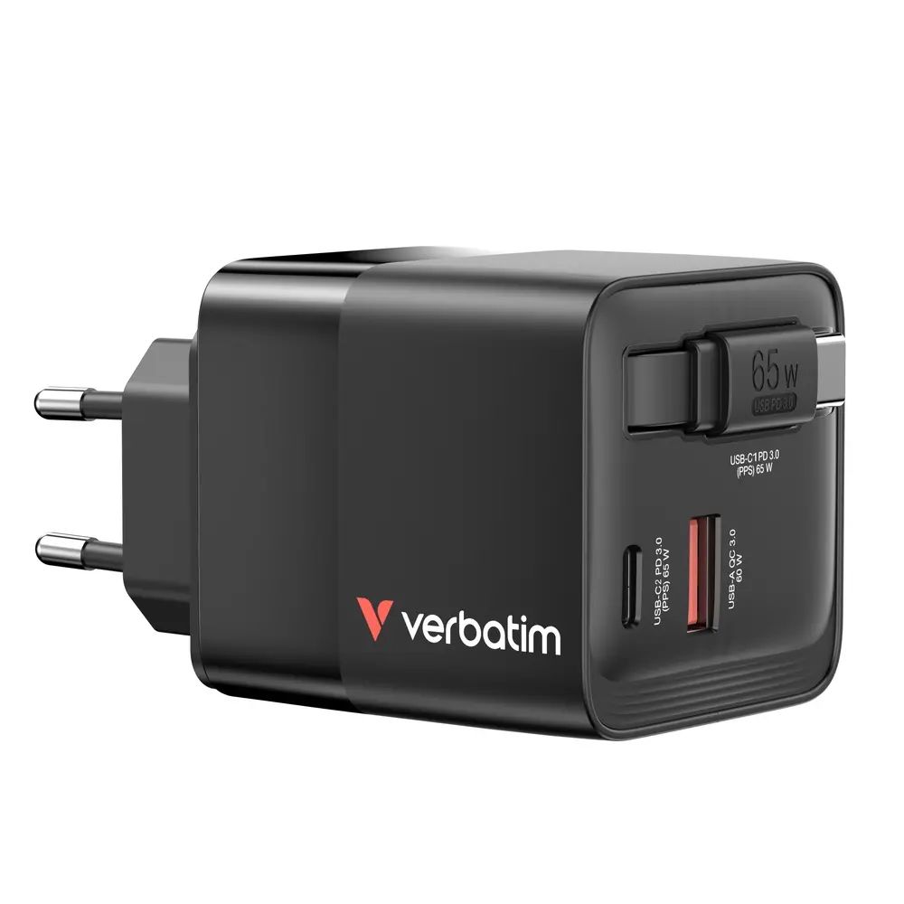 Зарядно устройство, Verbatim Mini GaN Charger 65W 2 Port retractable cable display US plugs with EU and UK adaptors