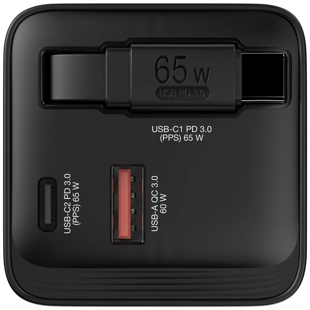 Зарядно устройство, Verbatim Mini GaN Charger 65W 2 Port retractable cable display US plugs with EU and UK adaptors - image 1