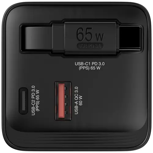 Зарядно устройство, Verbatim Mini GaN Charger 65W 2 Port retractable cable display US plugs with EU and UK adaptors - image 1