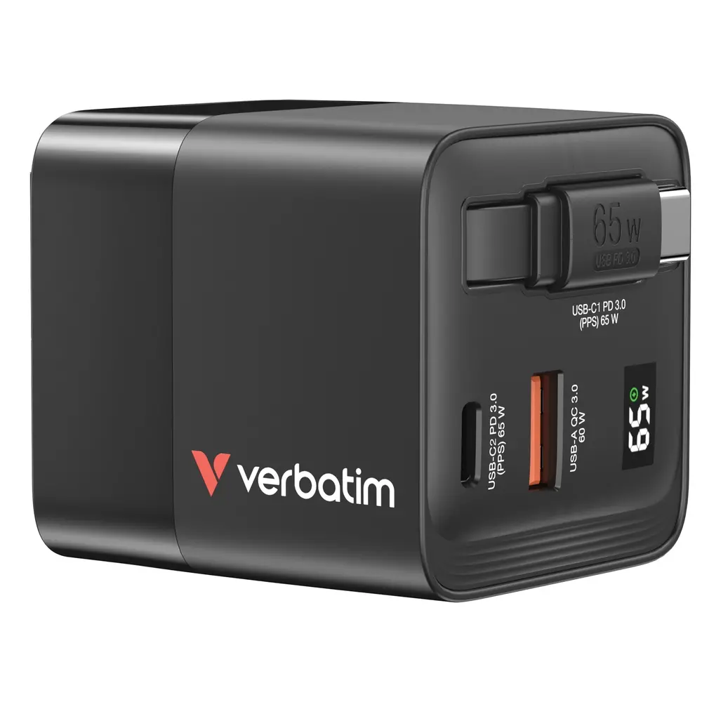 Зарядно устройство, Verbatim Mini GaN Charger 65W 2 Port retractable cable display US plugs with EU and UK adaptors - image 2