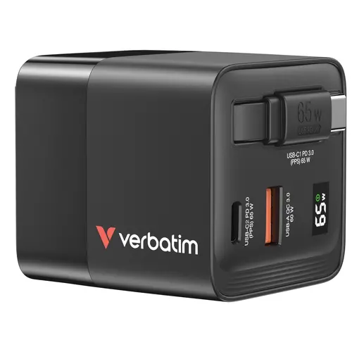 Зарядно устройство, Verbatim Mini GaN Charger 65W 2 Port retractable cable display US plugs with EU and UK adaptors - image 2