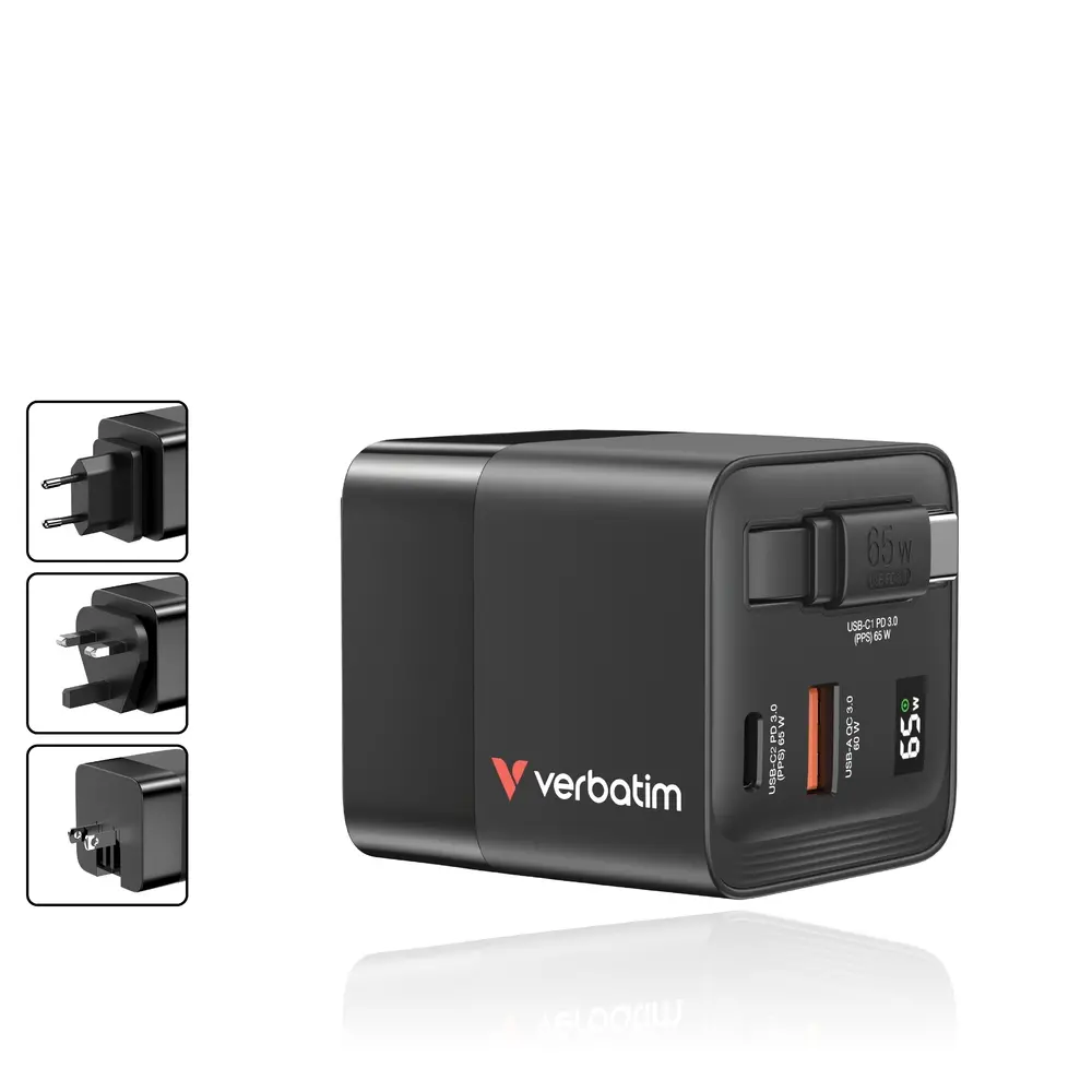 Зарядно устройство, Verbatim Mini GaN Charger 65W 2 Port retractable cable display US plugs with EU and UK adaptors - image 3