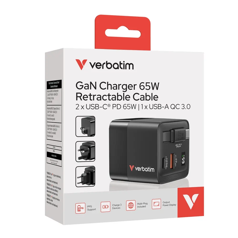 Зарядно устройство, Verbatim Mini GaN Charger 65W 2 Port retractable cable display US plugs with EU and UK adaptors - image 9