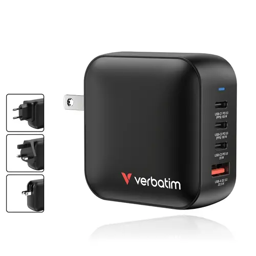 Зарядно устройство, Verbatim Mini GaN Charger 100W 4 Port US plug with EU and UK adaptors - image 3