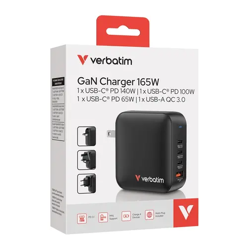 Зарядно устройство, Verbatim Mini GaN Charger 165W 4 Port US plug with EU and UK adaptors - image 6