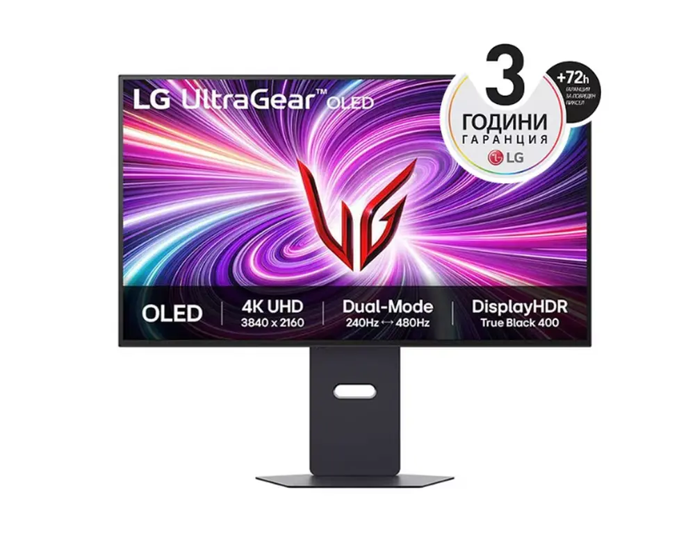 Монитор, LG 32GS95UV-B, 31.5" 4K UHD OLED Dual-Mode, 0.03ms (GtG), UHD (3840x 2160), 4K 240Hz, FHD 480Hz, 1500000:1, 450 cd/m2, 1000:1, DCI-P3 98%, AMD FreeSync, NVIDIA G-Sync, DTS, Speacer 7Wx2, VRR, HDR 400, USB Down/Up-stream, HDMI, DisplayPort, Tilt, Height,