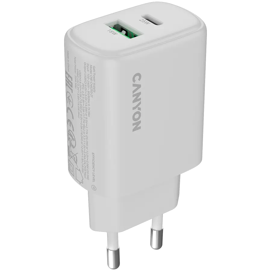 CANYON φορτιστής OnCharge 250 25W 1xPD 1xQC EU Λευκός