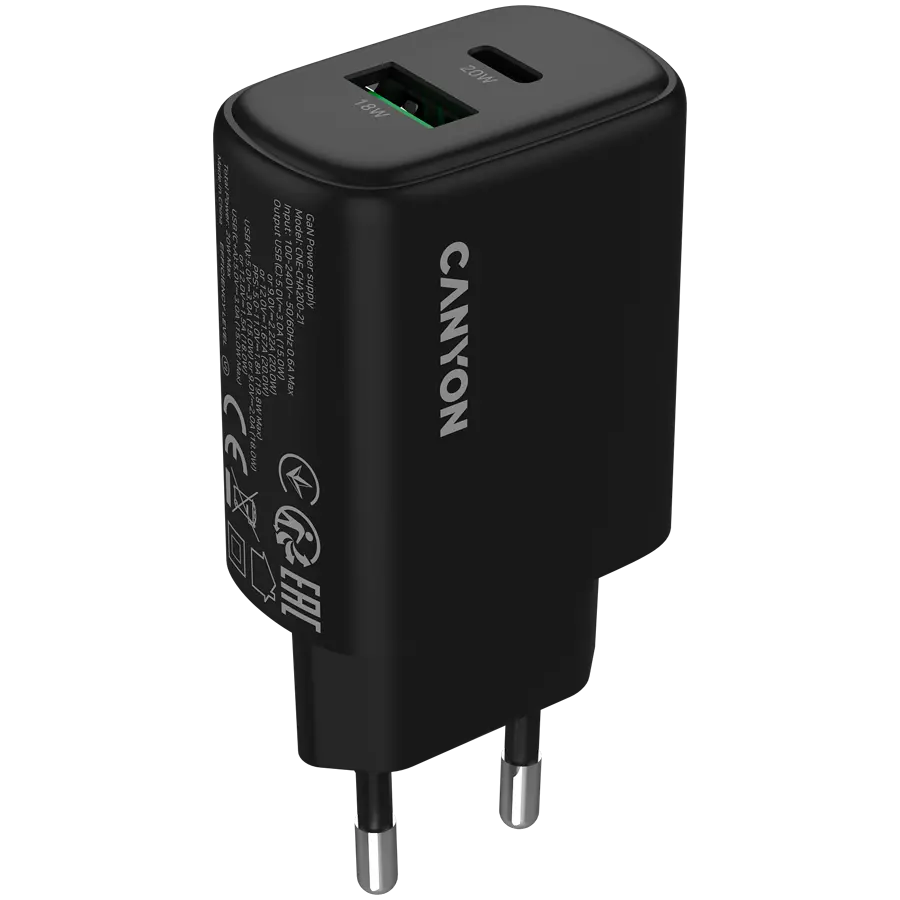 CANYON φορτιστής OnCharge 200 20W 1xPD 1xQC EU Μαύρο