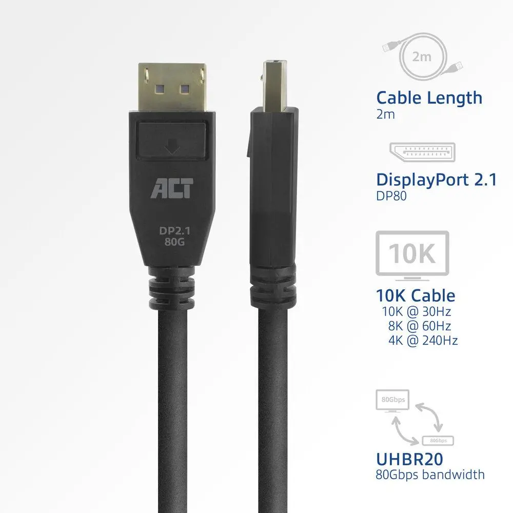 ACT Кабел Display port 2.1 мъжко-мъжко,8К@60Hz,4k@240Hz, 2м, черен - image 1