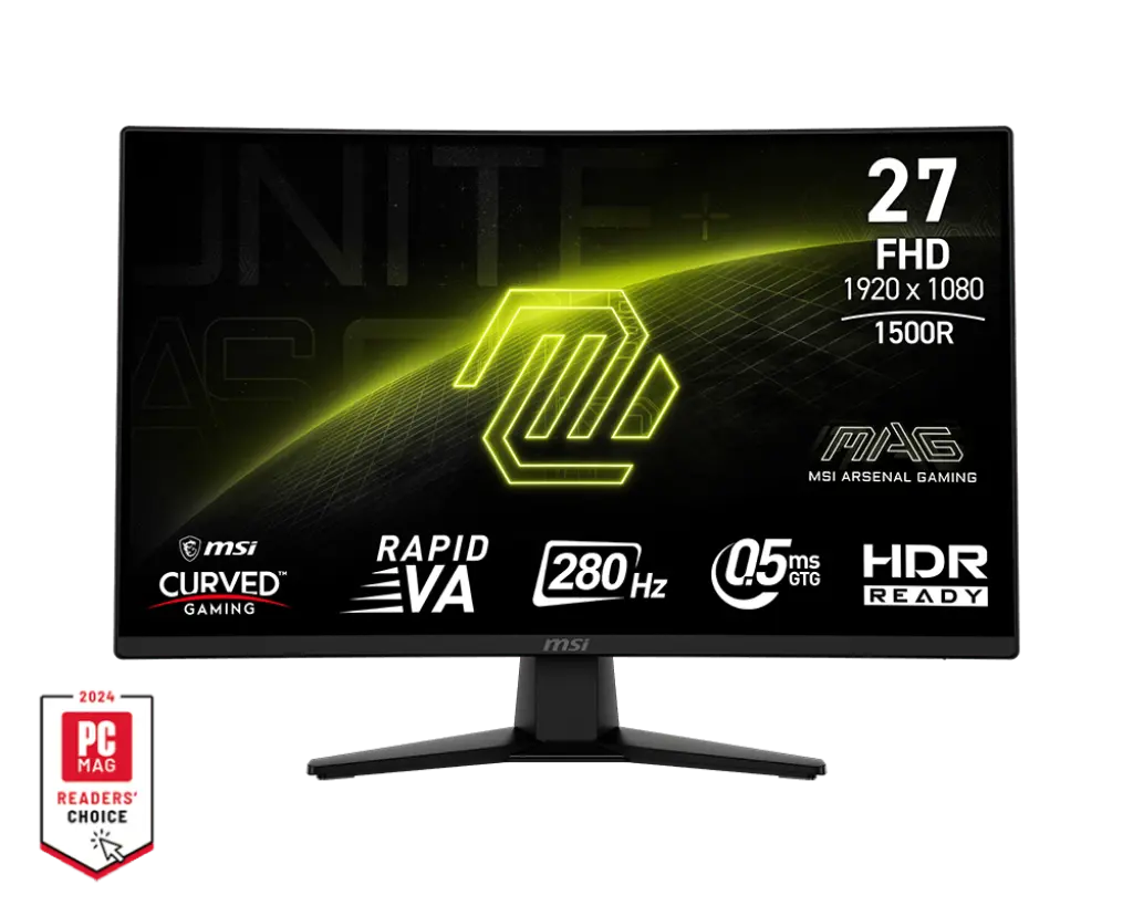 Монитор, MSI MAG 274CXF, 27", 0.5ms, 280Hz, Rapid VA, 1920x1080 (FHD), 16:9, CURVE 1500R, FreeSync Premium, 92.2% DCI-P3, AG, HDR Ready, 300 nits, 4000:1, DCR 100M:1, DP(1.2a), 2xHDMI 2.0b, Tilt, VESA, Black, 3.4kg
