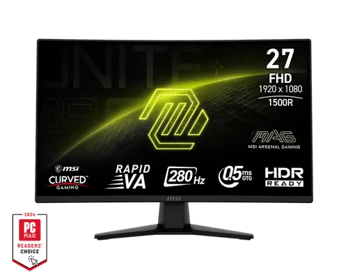Монитор, MSI MAG 274CXF, 27", 0.5ms, 280Hz, Rapid VA, 1920x1080 (FHD), 16:9, CURVE 1500R, FreeSync Premium, 92.2% DCI-P3, AG, HDR Ready, 300 nits, 4000:1, DCR 100M:1, DP(1.2a), 2xHDMI 2.0b, Tilt, VESA, Black, 3.4kg