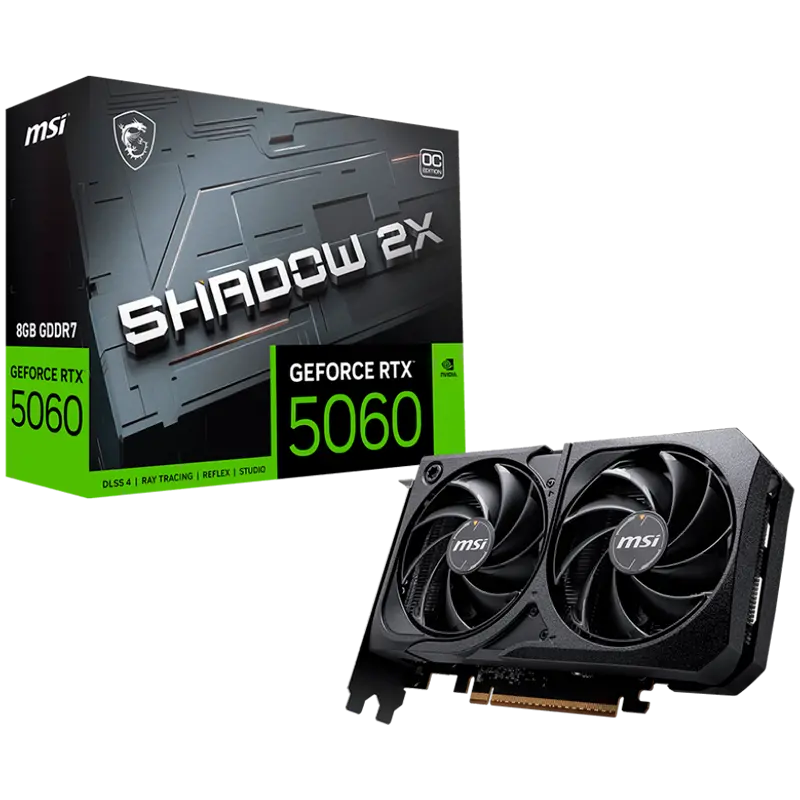 MSI Video Card NVIDIA GeForce RTX 5060 8G SHADOW 2X OC, 8GB GDDR7, 128-bit, 2535 MHz Boost, 3840 CUDA Cores, PCIe 5.0 (x8), 3x DP 2.1b, HDMI 2.1b, RAY TRACING, Dual Fan, 145W TDP, 8-pin PCIe Power, G-SYNC, 2-Slot, 3Y