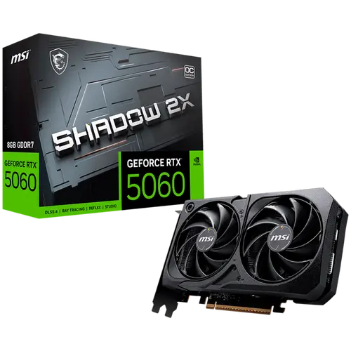 MSI Video Card NVIDIA GeForce RTX 5060 8G SHADOW 2X OC, 8GB GDDR7, 128-bit, 2535 MHz Boost, 3840 CUDA Cores, PCIe 5.0 (x8), 3x DP 2.1b, HDMI 2.1b, RAY TRACING, Dual Fan, 145W TDP, 8-pin PCIe Power, G-SYNC, 2-Slot, 3Y