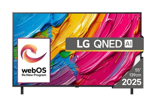 Телевизор, LG 55QNED80A3A, 55" 4K QNED HDR Smart TV, 3840x2160, DVB-T2/C/S2, Alpha 7 AI Processor, HDR10 / HLG, webOS 25 ThinQ, VRR / ALLM / HGiG, 4K Upscaling, WiFi 5, Voice Controll, Bluetooth 5.1, AirPlay 2, LAN, CI, HDMI, SPDIF, Google Cast, 2 pole Stand