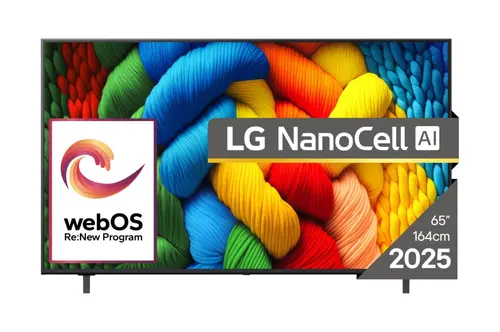 Телевизор, LG 65NANO80A3B, 65" 4K HDR Smart Nano Cell TV, 3840x2160, DVB-T2/C/S2, AI Alpha 7, HDR 10 PRO, webOS 25, ThinQ AI, VRR, ALLM, HGiG, WiFi, Clear Voice, AI Upscaling, Bluetooth, Hdmi e-ARC , CI, LAN, AirPlay2, Chromecast, 2 Pole stand, Black
